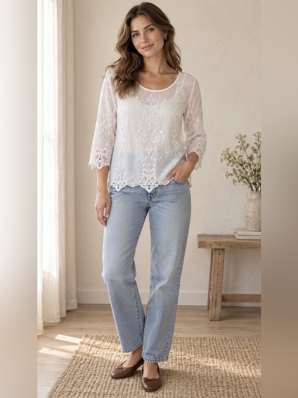 Lucy & Laurel White Embroidered Scoop Neck Blouse cottage feminine lace sz m